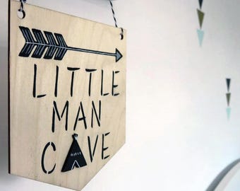 Little Man Cave Pennant, Little Man Cave Flag Bunting, Wall Hanging, Scandi, Monochrome Nursery Decor, Black and White Nursery