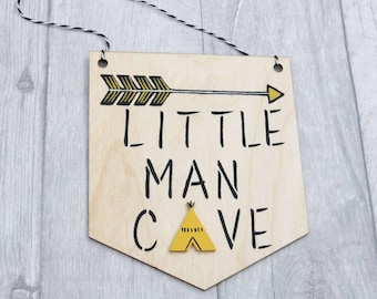 Little Man Cave Pennant, Little Man Cave Flag Bunting, Wall Hanging, Scandi, Nursery Decor, Black and Yellow Nursery