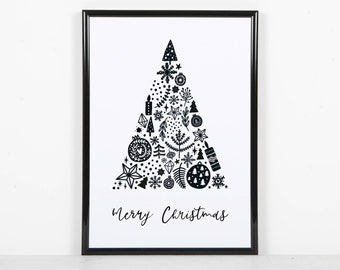 Merry Christmas Tree Print | Minimalist Christmas | Christmas Wall Art | Nordic Christmas Print | Scandi Christmas Decor | Hygge Christmas