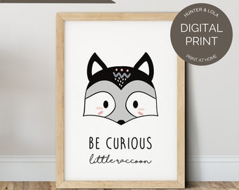 Be Curious Little Raccoon Print Pink | Neutral Woodland Nursery Decor | PRINTABLE Wall Art | Scandi Nursery Printable | DIGITAL DOWNLOAD