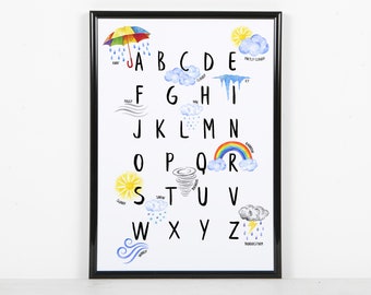 Weather Alphabet Print | Montessori Print | Weather Words Learning Nursery Print | Educational Print | Watercolor Rainbow Baby Nursery Decor