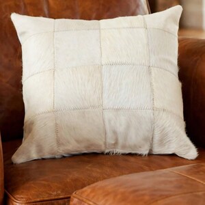 Genuine Cowhide Patchwork Cushion Cover, Natural Off-White, Hair-On-Hide Pillow Case (16x16 Inch)