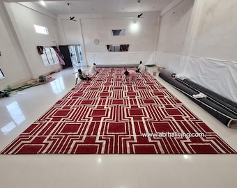 Oversized Hand Tufted Wool Rug, Modern Geometric Red and Gold