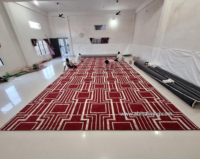 Oversized Hand Tufted Wool Rug, Modern Geometric Red and Gold