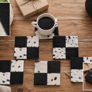 Handmade Genuine Cowhide Patchwork Coasters, Black & White Spotted Leather Set