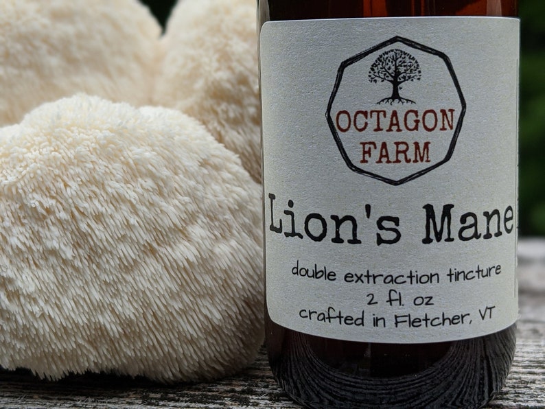 May include: A glass bottle with a white label that reads "OCTAGON FARM Lion's Mane double extraction tincture 2 fl oz crafted in Fletcher, VT". The bottle is sitting on a wooden surface next to a white mushroom.