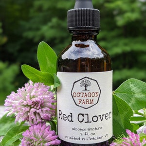 Puede incluir: Una botella de 2 fl oz de tintura de alcohol de trébol rojo de Octagon Farm, elaborada en Fletcher, VT. La botella es de vidrio marrón con un tapón cuentagotas y una etiqueta blanca con texto negro.