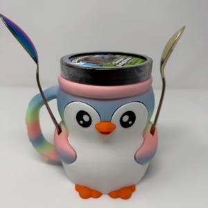 Pastel Rainbow Ice Cream Pint Holder | Pebbles the Penguin | Spoon Slots + Snack Drawer | Ramen Friendly | 3D Printed Gift