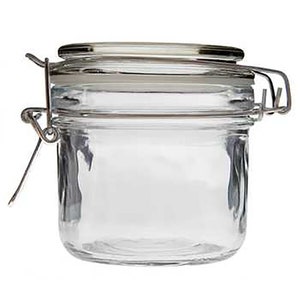 May include: A clear glass jar with a metal lid and a locking clasp. The jar is empty and has a rounded bottom.