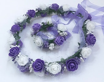 Flower crown and flower bracelet , hair accessories, women and girl wedding headband crown , handmade flower set ,