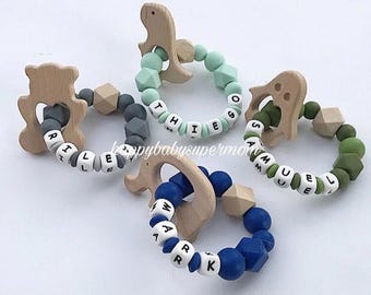 Personalized Ring ,  Baby gift , Silicon Ring with name , Rattle Wooden Shape