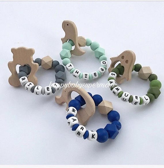Personalized Ring ,  Baby gift , Silicon Ring with name , Rattle Wooden Shape