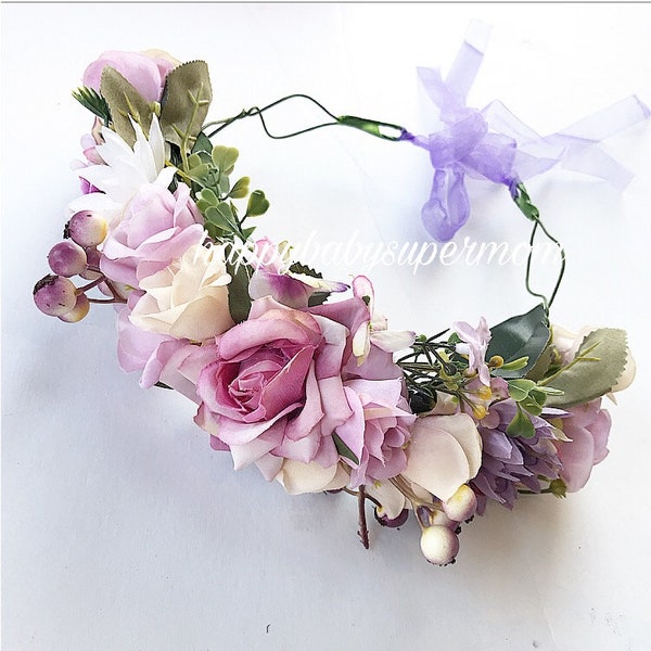 Floral crown Flower headband adult Wedding Party Hair purple lilac crown red crown Girl sweet crown Bridal Headdress child flower crown