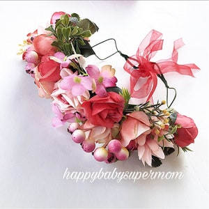 Red flower crown adult headband Bride Wedding Flower Hairband Party Flower Girl Hair Accessories Flower