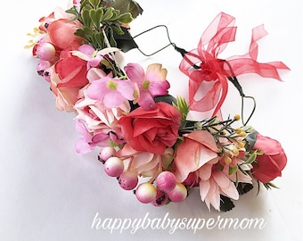 Red flower crown adult headband Bride Wedding Flower Hairband Party Flower Girl Hair Accessories Flower