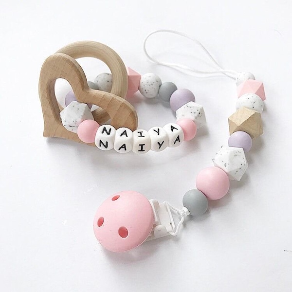 Personalized Baby Pacifier Clip, Wooden Animal Ring, Silicone Rattle Set
