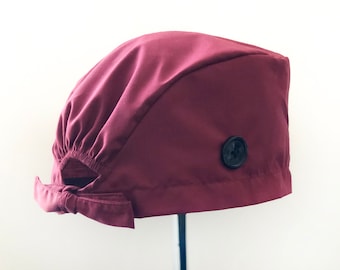 Handmade Maroon Scrub Cap with Buttons, Unisex Medical Hat