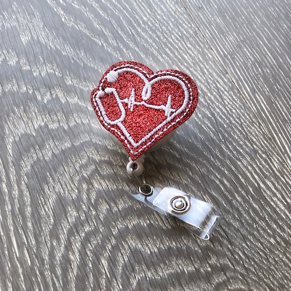 Stethoscope Heart Badge Reel, Embroidered Felt ID Holder
