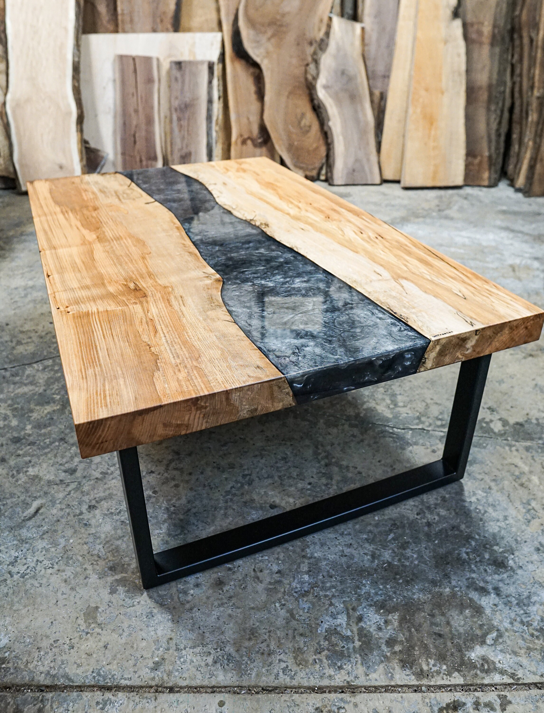 Maple and black walnut river table (black Mica powder in resin