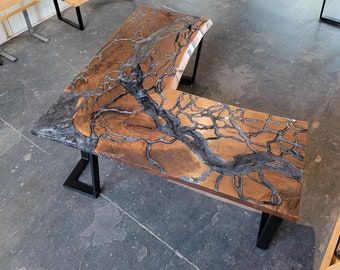 Walnut Fractal River Desk Top - Live Edge Desk - Epoxy River - Fractal Burning - River Table