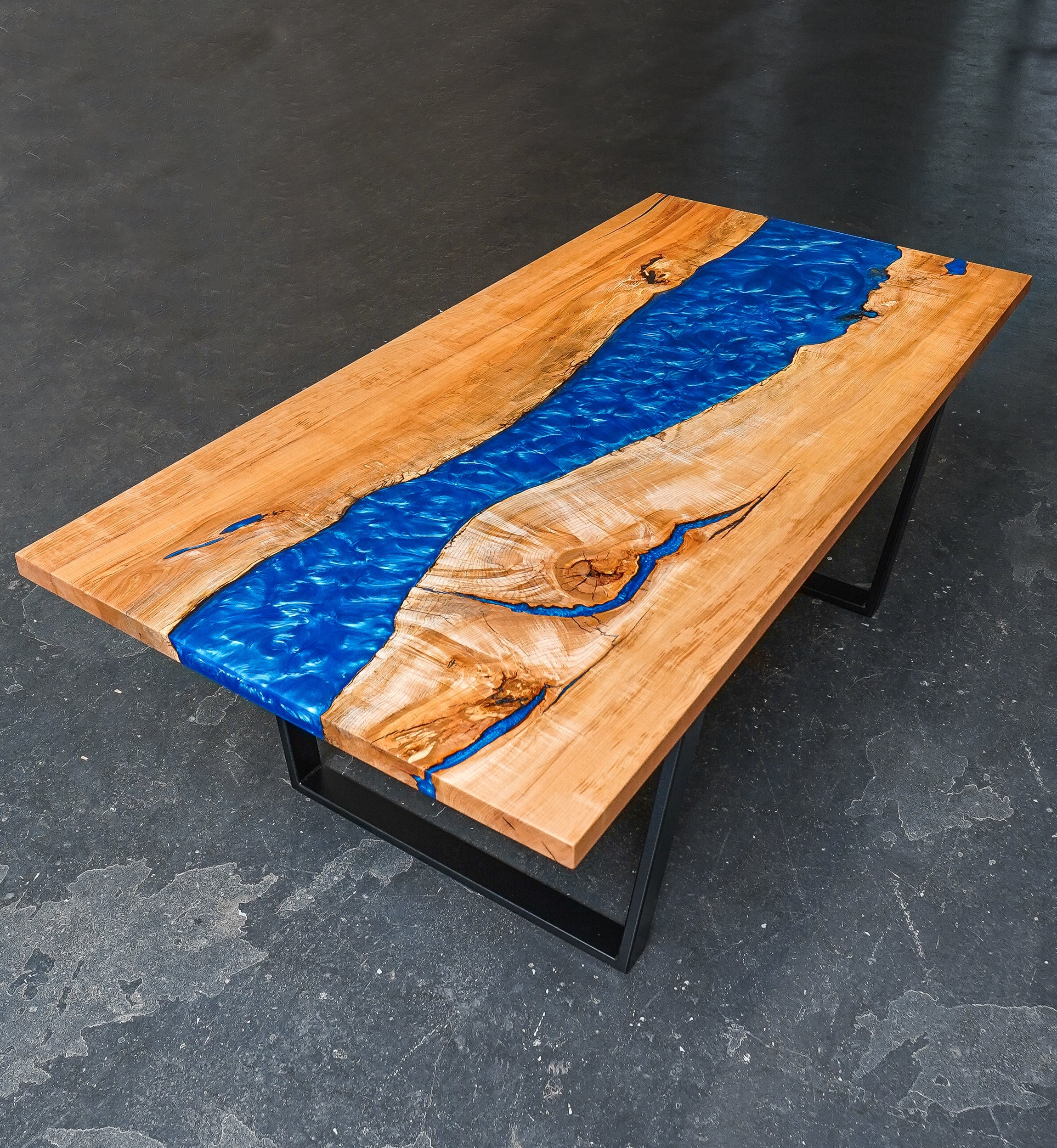 7' 6 x 40 Maple Tabletop with Turquoise Blue Epoxy River