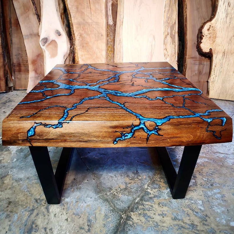 Fractal River Table Square Live Edge Coffee Table Epoxy Etsy