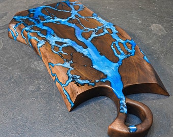 Dark Walnut Charcuterie Board - Custom Size & Shape - Live Edge Cutting Board- Epoxy River - Fractal Burning