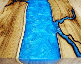 Fractal River Charcuterie Board - Live Edge Cutting Board - Tree of Heaven - Epoxy River - Fractal Burning