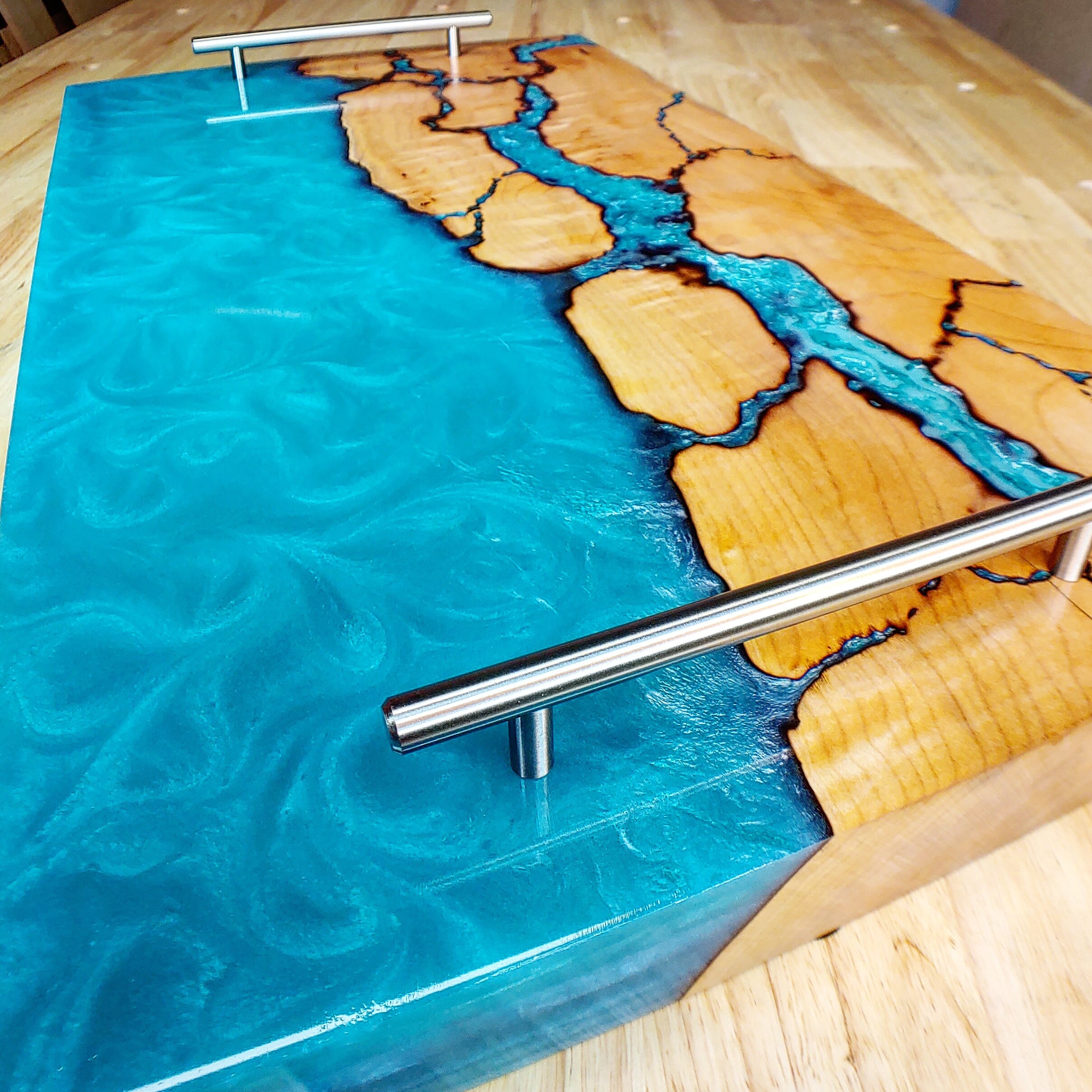 Custom Fractal Estuary Board Figured Maple Walnut Cheese Board Cutting