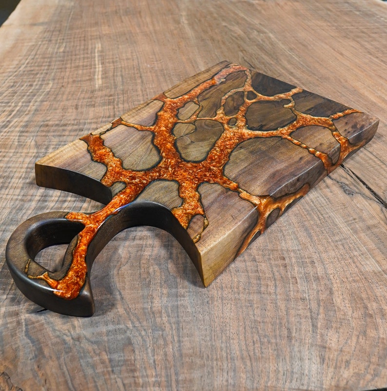 Dark Walnut Charcuterie Board 23 X 11 X 1.5 Live Edge Cutting Board Epoxy River Fractal Burning
