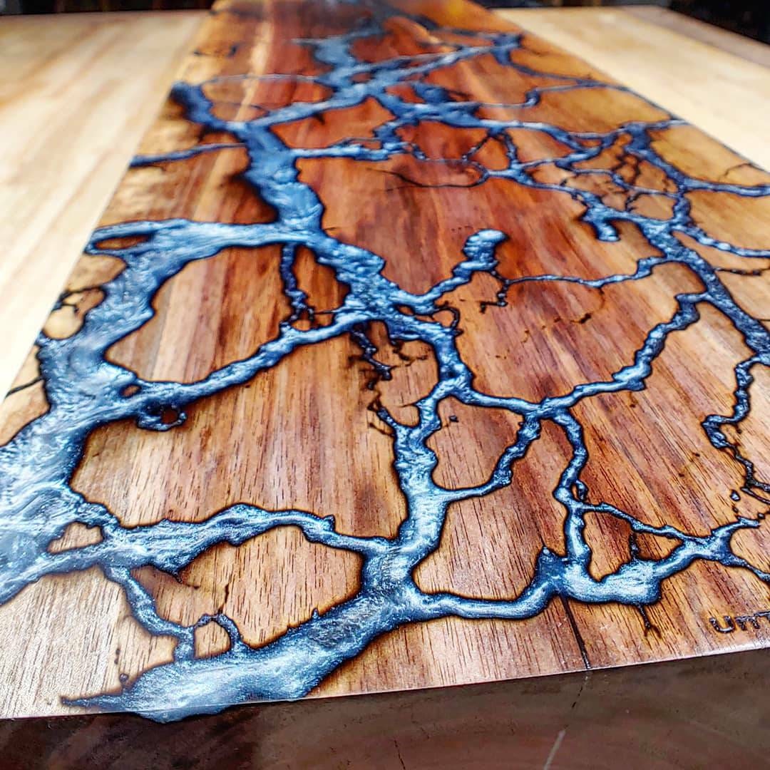 Walnut Fractal River Shelf or Mantel Rectangular Large Live Edge Epoxy  River Fractal Burning 