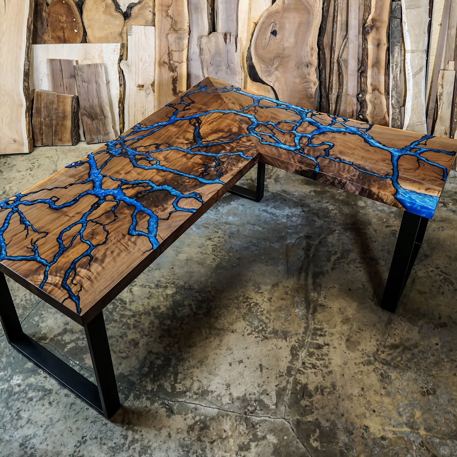 Walnut Fractal River Desk Top Live Edge Desk Epoxy River Fractal