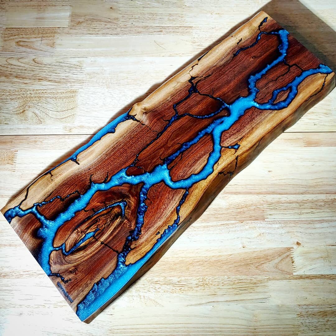 Walnut Fractal River Shelf or Mantel Rectangular Large Live Edge Epoxy