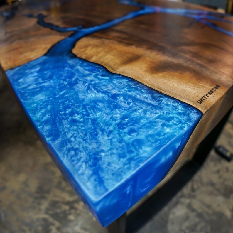 Walnut Fractal River Desk Top Live Edge Desk Epoxy River Etsy Australia