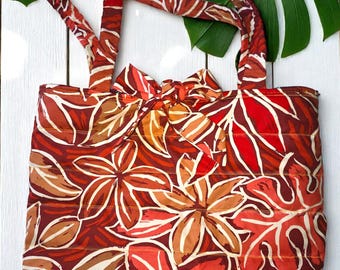 Large, quilted tote bag with Brick Red Floral Print, Scrunchie Handles