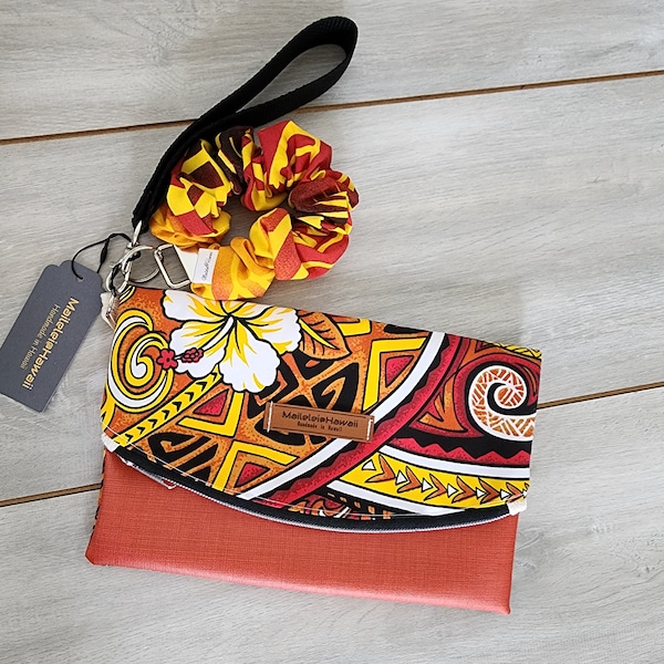 Orange clutch bag set-Tribal Print-Handmade in Hawaii