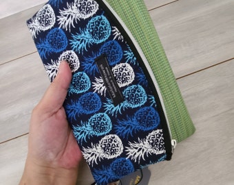 Blue and white pineapples clutch-wristlet - Handmade in Hawaii - half fold over vinyl clutch- crazy quilt- one of a kind.