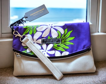 Hawaiian clutch bag purple - Handmade in Hawaii - White Gardenia flower and monstera design