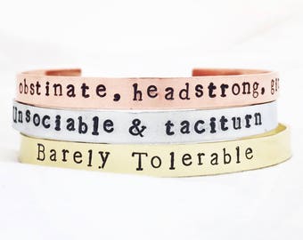 Pride and Prejudice cuff. Jane Austen Bracelet.