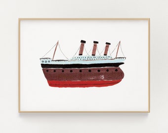 Boat Illustration PRINT | Giclee | Nautical | Vintage Ship | Acrylic Painting | Children's Nursery Wall Art | Gouache | Home Decor Hanging