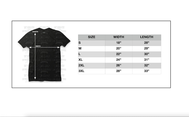 May include: Size chart for a t-shirt with measurements in inches. The chart shows the width and length of the shirt in sizes S, M, L, XL, 2XL, and 3XL.