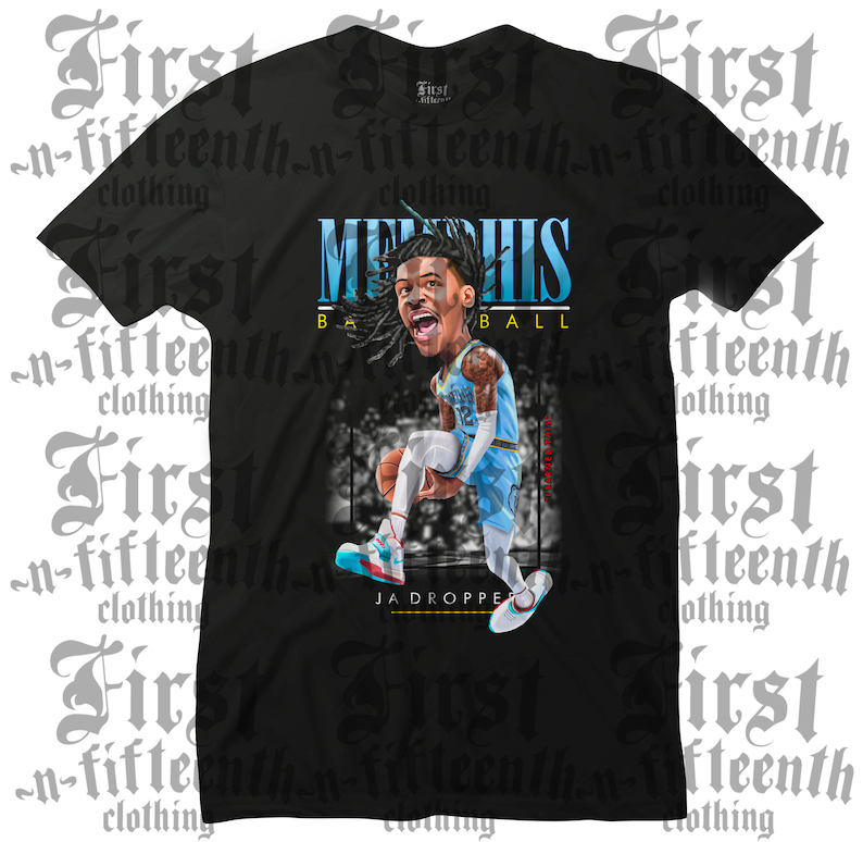 May include: Black t-shirt with a cartoon illustration of a basketball player in a blue and white jersey. The text "Memphis Basketball" is above the player and "Ja Dropper" is below the player.