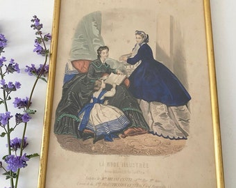 French Antique Fashion Art Print From 1860s With Frame