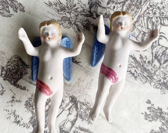 RARE !! 2 ornements anges antiques en porcelaine