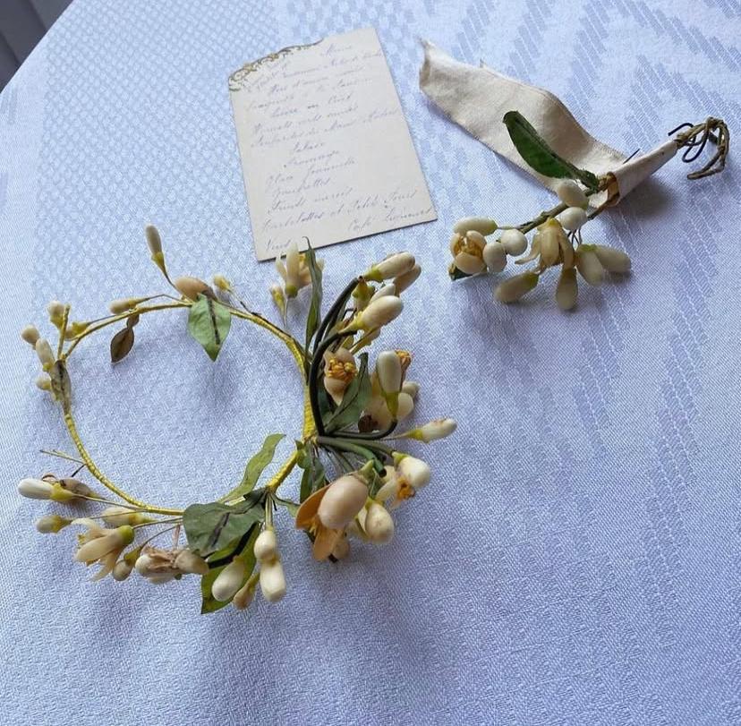 Antique French Wax Flower Tiara & Boutonniere Set | C.1910  display picture 2