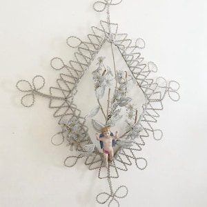 R*A*R*E*French Antique Beaded Memorial Wreath With Porcelain Angel Doll