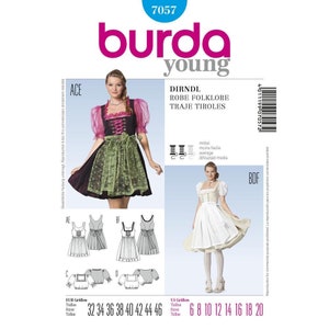 May include: A sewing pattern for a dirndl dress, with instructions for sizes 32 to 46. The pattern includes a white dirndl with a green apron, a pink dirndl with a green apron, and a white blouse with puffed sleeves. The pattern is from Burda Young and has the number 7057.
