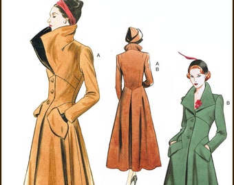 V1669 Vogue 1669 Sewing Pattern Vintage 1950's Design 1949 Wide Collar Lined Coat Fitted Bodice Side Pockets Vogue 490 Sizes 6-14 or 14-22