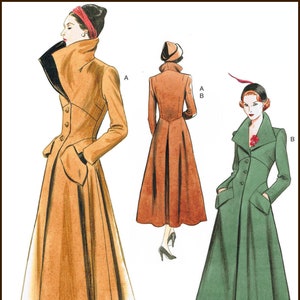 May include: A vintage illustration of two women's coats. The first coat is a long, brown coat with a large collar and a fitted waist. The second coat is a shorter, green coat with a more relaxed fit. Both coats have a similar style with a button-up front and a flared skirt.