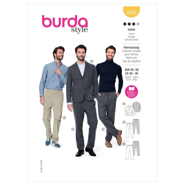 Burda 5955 Sewing Pattern Men's Slacks Shorts Pants Jacket Suit US Sizes 36-46 EUR 46-56 Patron de Couture 4066483010598 Working from home!